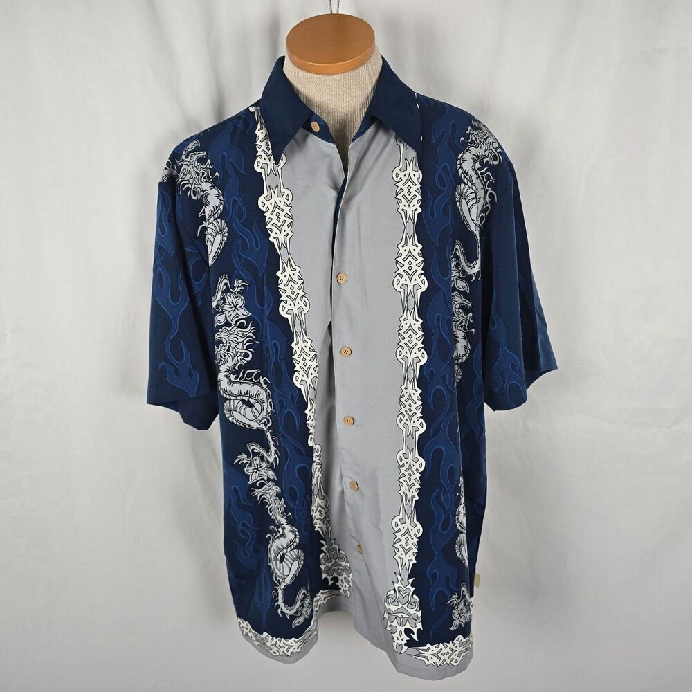 Sideout Button Down Shirt Men's XL Blue White Gray Dragon Flame Short Sleeve